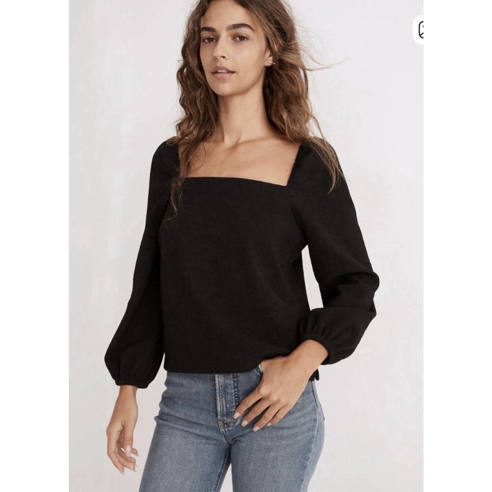 Madewell Crepe Black Square Neck Women’s Large Puff Sleeve Romantic
